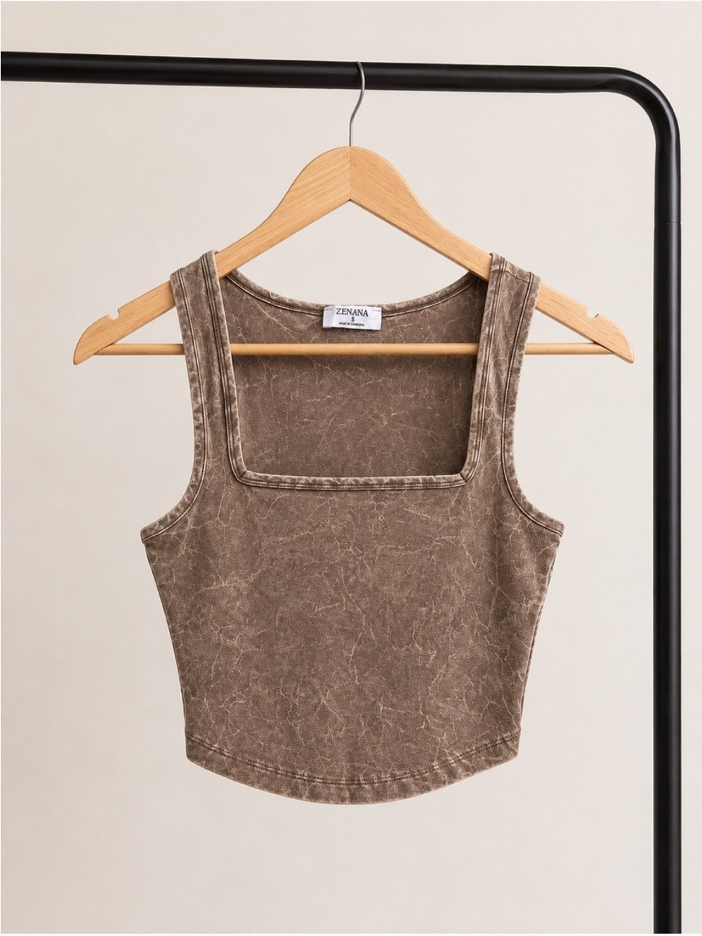 Zenana Outfitters Brown Mineral-Wash Square Neck Crop Tank